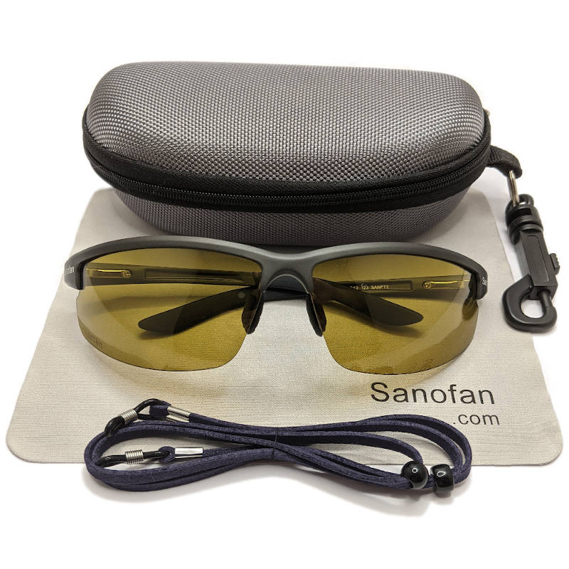 Sanofan color-changing sunglasses come cleaning cloth, retainer, and hard box